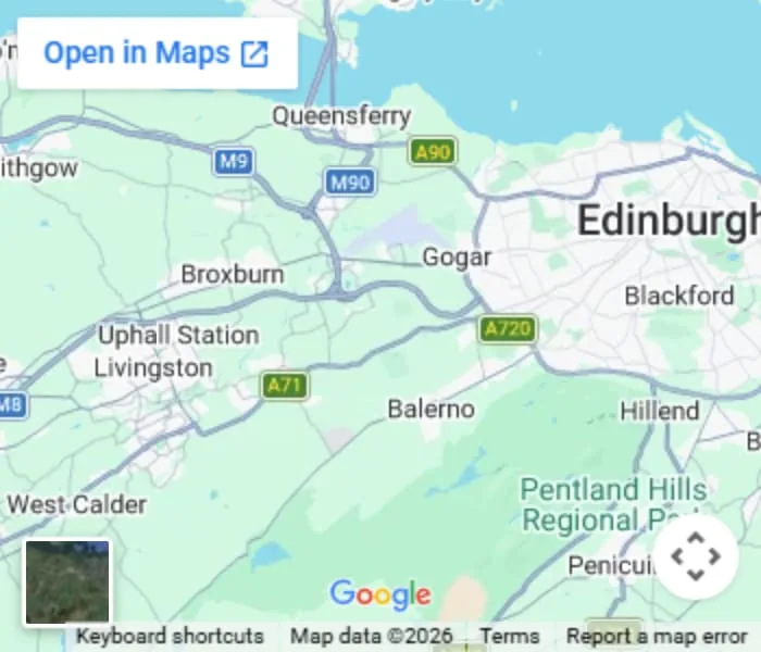 Google map of west Edinburgh and West Lothian, with Norton House and the hotels marked