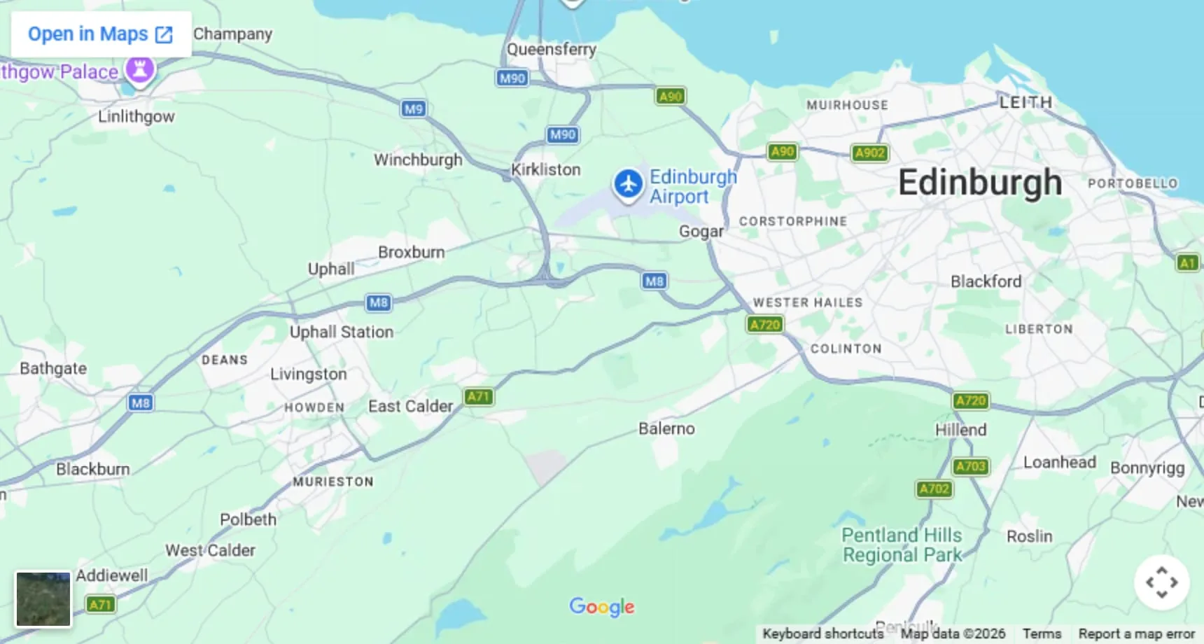 Google map of west Edinburgh and West Lothian, with Norton House and the hotels marked